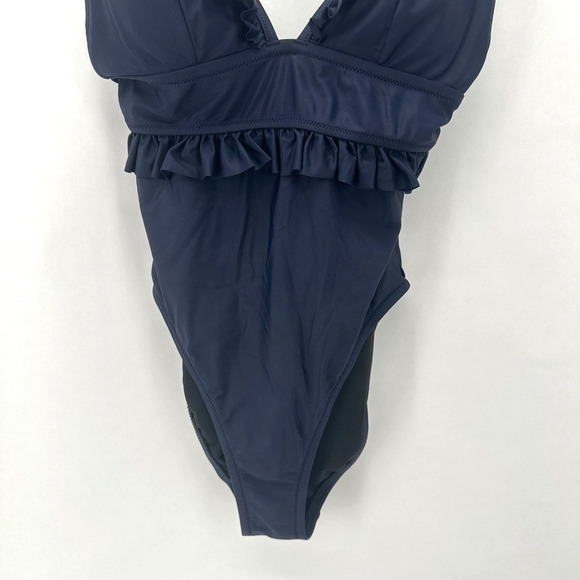 J. Crew Ruffle Deep-V One Piece Swimsuit Size 4 Blue Padded‎ Beach Preppy Pin Up - Picture 4 of 11